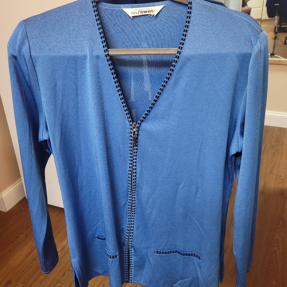 Wedgewood Blue Misook jacket trimmed in black--Size Medium--$30